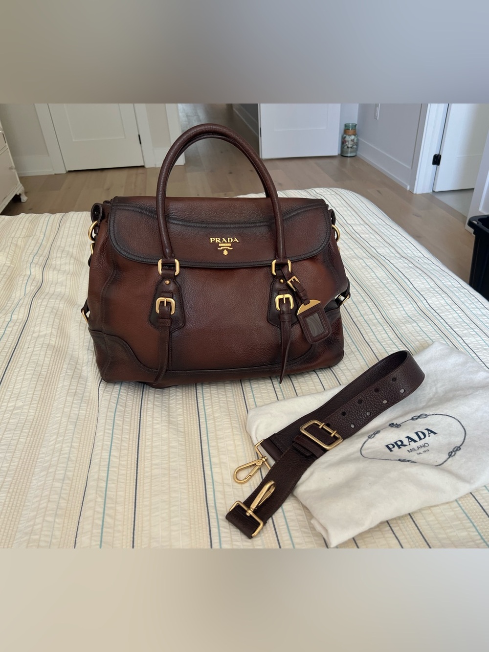 Prada Brown Pebbled Leather Top-Handle/Shoulder Bag/Tote with Gold Hardware - Picture 2 of 16